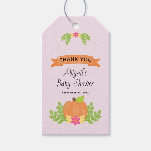 Étiquettes-cadeau Citrouille automne Baby shower fille Merci (Devant)