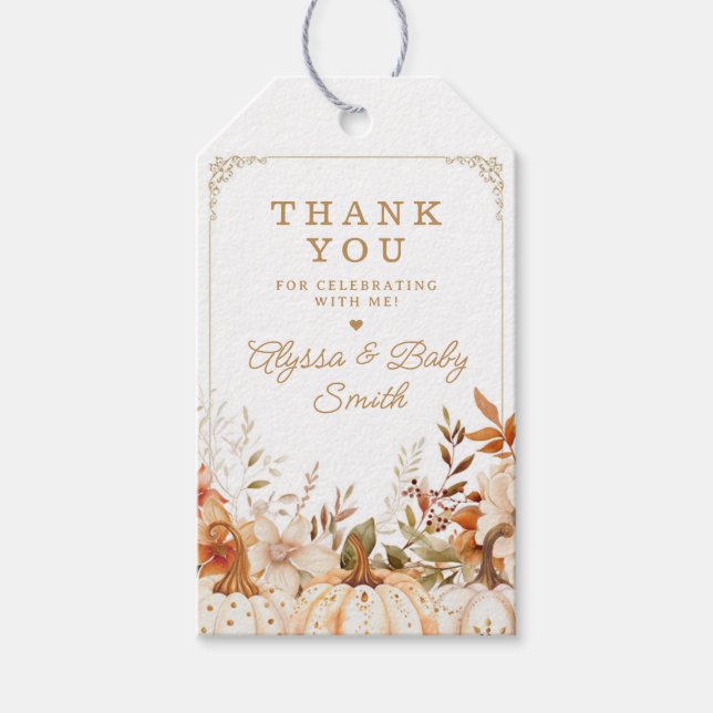 Étiquettes-cadeau Citrouille beige et Baby shower Fleurs Favoriser (Devant)