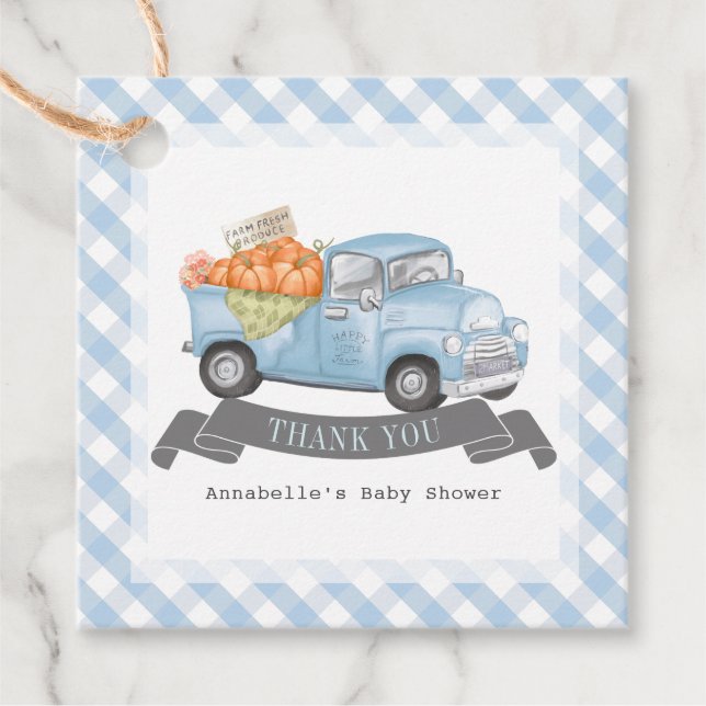 Étiquettes Cadeau Citrouille bleu Camion En vichy Baby shower garçon (Devant)