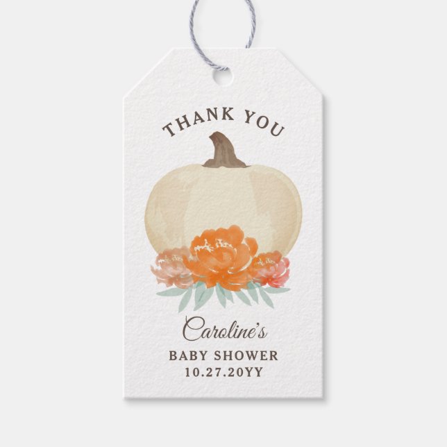 Étiquettes-cadeau Citrouille d'automne Orange Floral & Baby shower B (Devant)