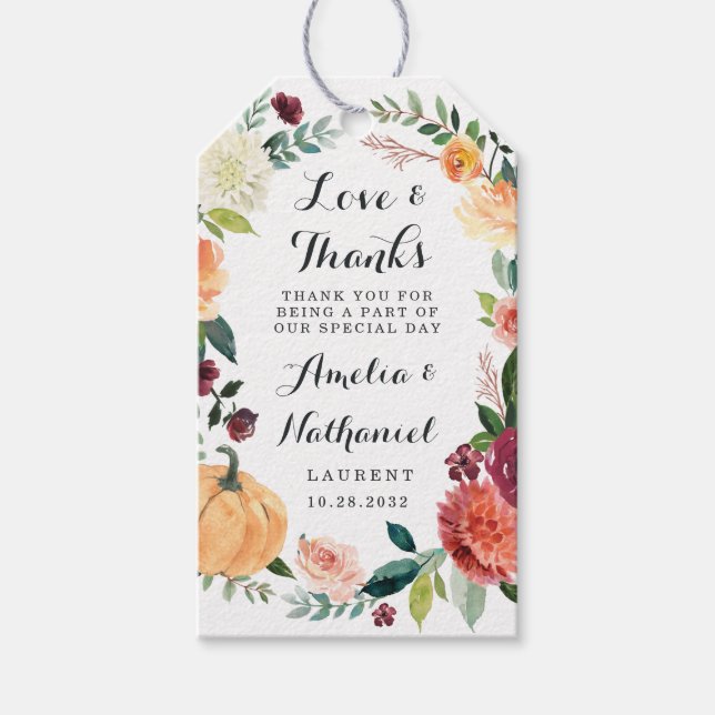 Étiquettes-cadeau Citrouille Élégant Automne Floral Rustique Mariage (Devant)