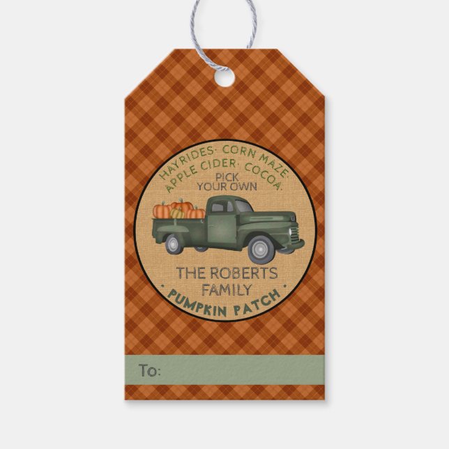 Étiquettes-cadeau Citrouille Patch Farm Rustic Automne Plaid Camion  (Devant)