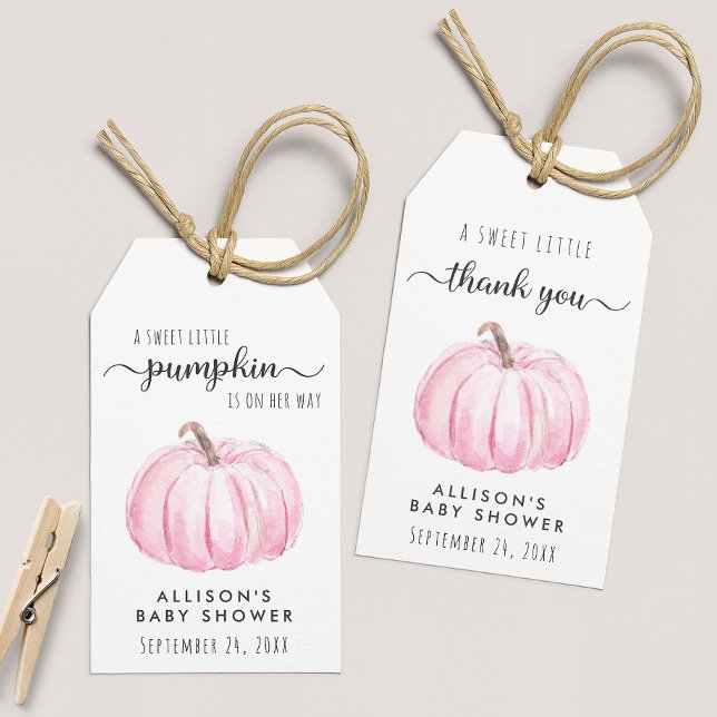 Étiquettes-cadeau Citrouille rose Aquarelle Bébé Fille Douche Merci (Créateur téléchargé)