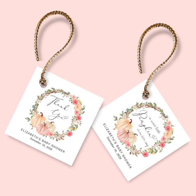Étiquettes Cadeau Citrouille rose Floral fille Baby shower Merci (Créateur téléchargé)