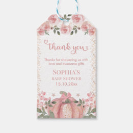 Étiquettes-cadeau Citrouille rose Floral fille Baby shower Merci