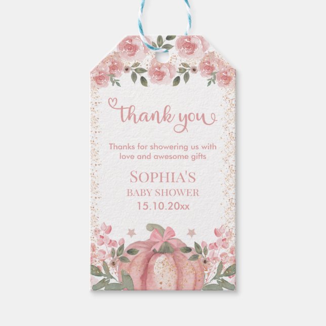 Étiquettes-cadeau Citrouille rose Floral fille Baby shower Merci (Devant)
