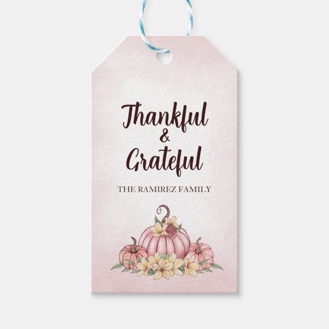 Étiquettes-cadeau Citrouille rose Floral Thanksgiving (Devant)