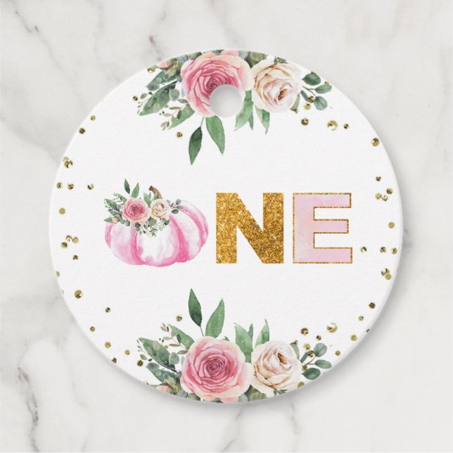 Étiquettes Cadeau Citrouille Rose or Floral automne fille premier an (Devant)