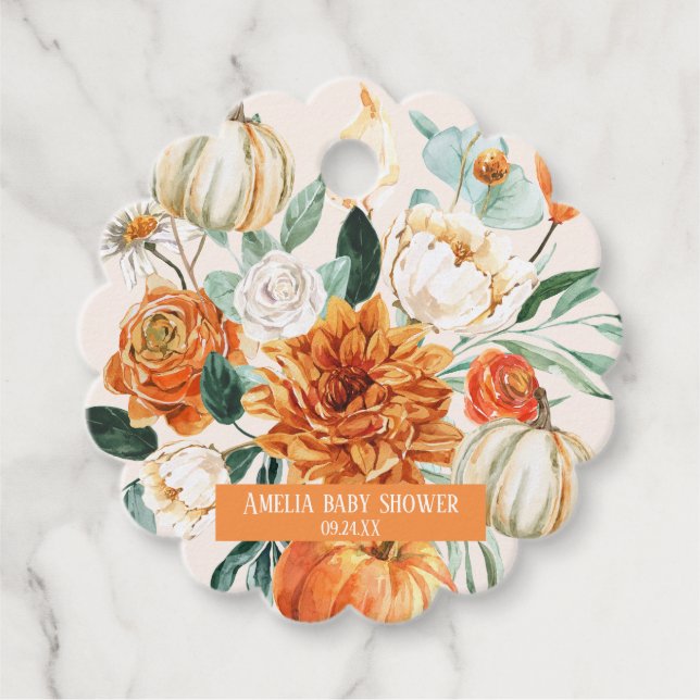 Étiquettes Cadeau Citrouille rustique Automne fleuri Baby shower d'a (Devant)