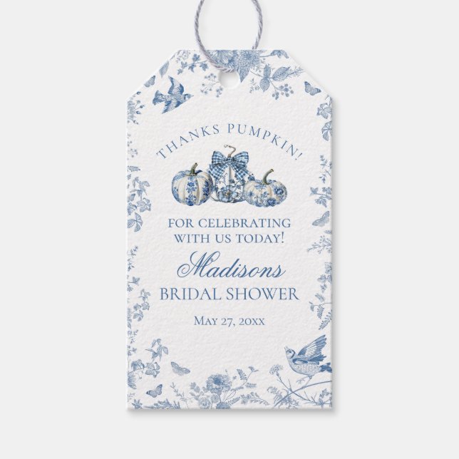 Étiquettes-cadeau Citrouille Toile Bleue, Cadeau pour une Mariée, Sh (Devant)