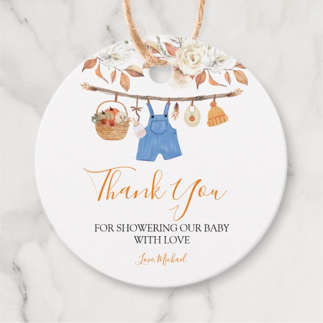 Étiquettes Cadeau Citrouille Vêtements d'automne Baby shower d'autom (Devant)
