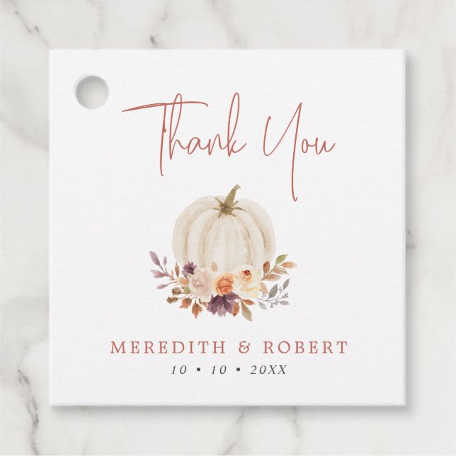 Étiquettes Cadeau Citrouilles blancs & Fleurs Mariage Merci (Devant)