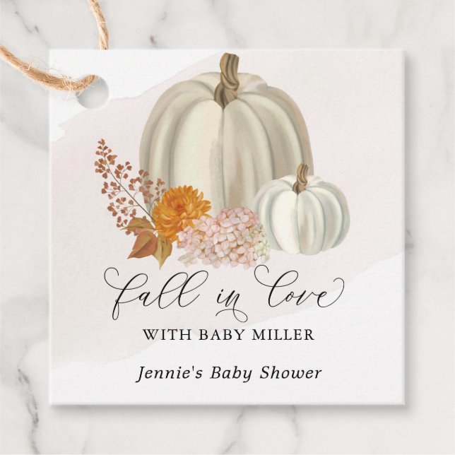 Étiquettes Cadeau Citrouilles blancs tomber dans l'amour Baby shower (Devant)