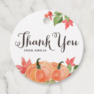 Étiquettes Cadeau Citrouilles d'aquarelle et Merci Feuille d'érable
