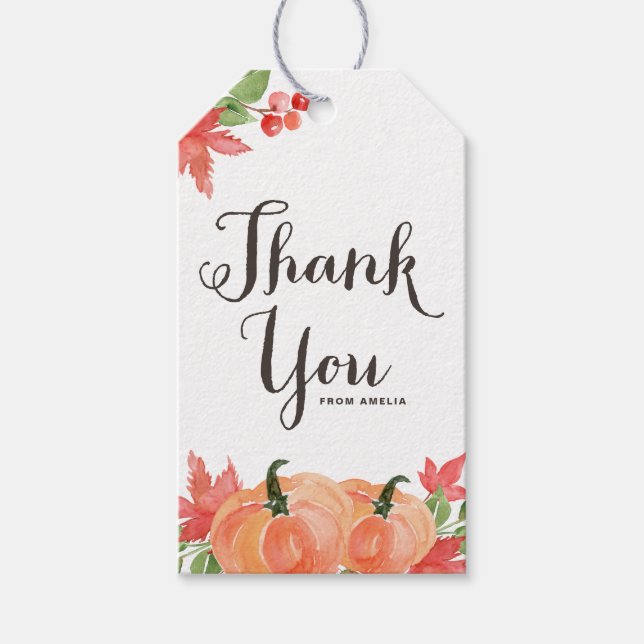 Étiquettes-cadeau Citrouilles d'aquarelle et Merci Feuille d'érable (Devant)