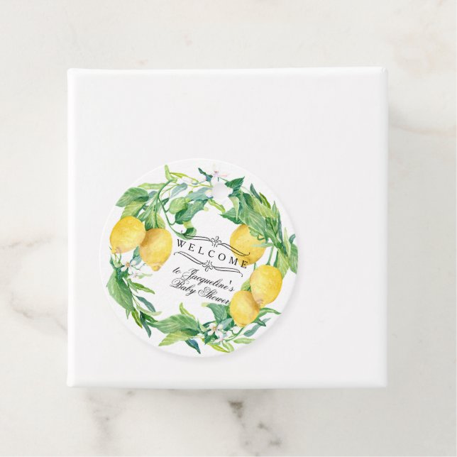 Étiquettes Cadeau Citrus Baby shower Thème Citron Wreath Aquarelle (En situation)