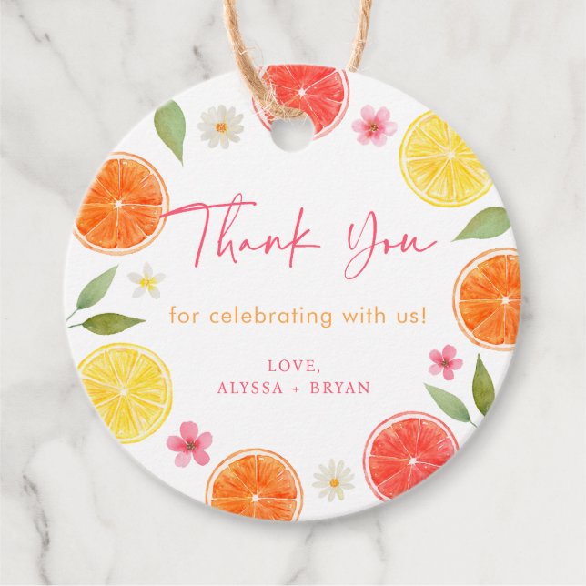 Étiquettes Cadeau Citrus Floral Citron Fête des mariées orange (Devant)