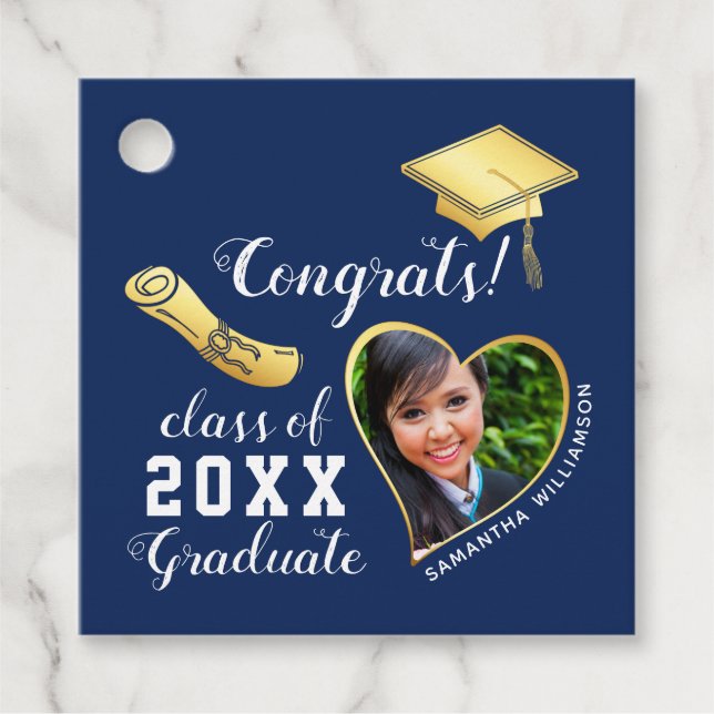 Étiquettes Cadeau Classe 2025 Marine Bleu et Gold Photo Graduation (Devant)