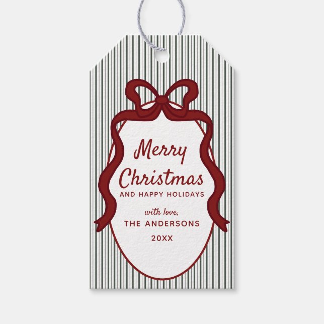 Étiquettes-cadeau Classic Dark Green Stripes & Bow Frame Christmas  (Devant)