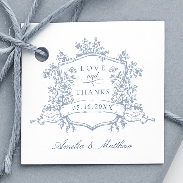 Étiquettes Cadeau Classic Floral Crest Dusty Blue Love & Thanks (Créateur téléchargé)