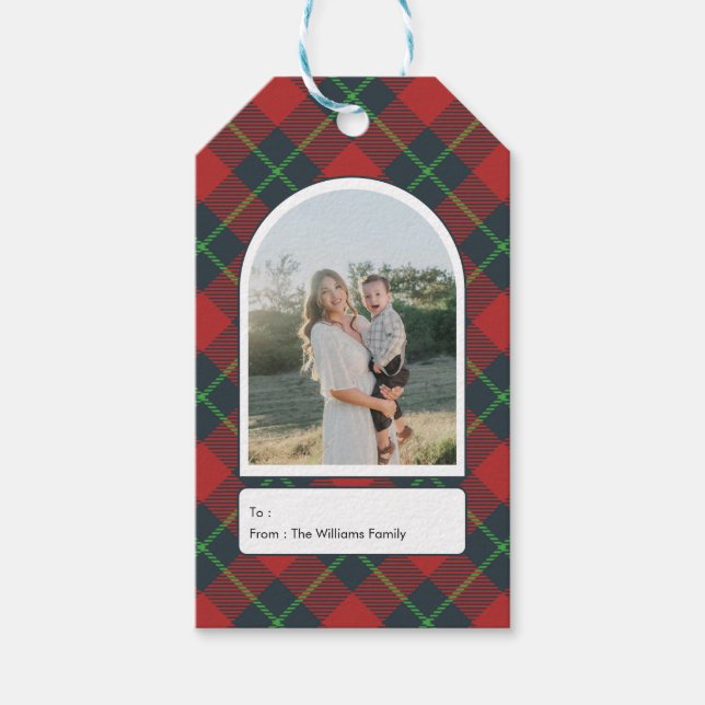 Étiquettes-cadeau Classic Red and Green Plaid Family Photo Holiday (Devant)