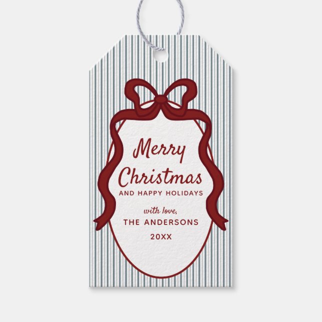 Étiquettes-cadeau Classic Red Blue Stripes & Bow Frame Christmas  (Devant)