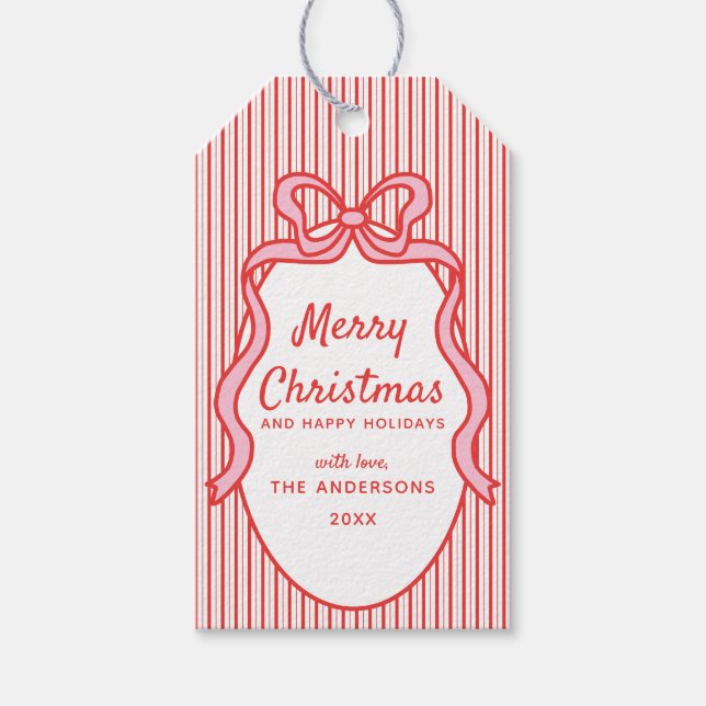 Étiquettes-cadeau Classic Red Pink Stripes & Bow Frame Christmas  (Devant)