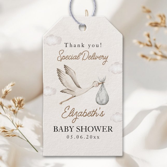 Étiquettes-cadeau Classic White Stork Baby Shower Neutral (Créateur téléchargé)