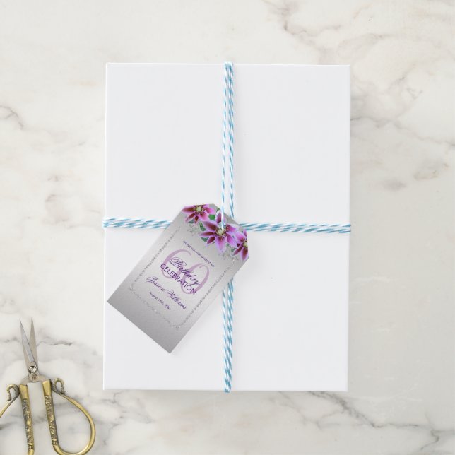Étiquettes-cadeau Classieux Diamants & Fleurs Anniversaire (Avec de laficelle)