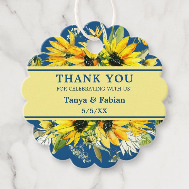 Étiquettes Cadeau Classique Bleu Tournesol Ruppé Mariage Favor tag (Devant)