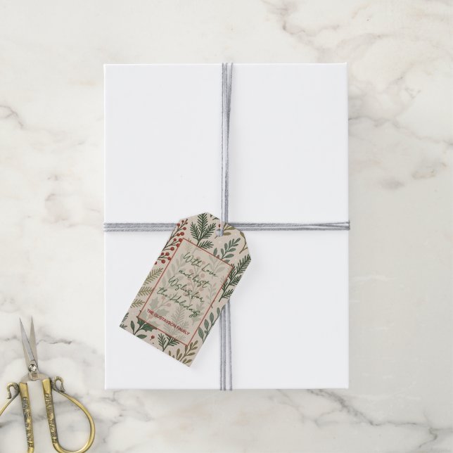 Étiquettes-cadeau Classy Botanical Holly Berry Floral Art Motif (Avec de la ficelle)