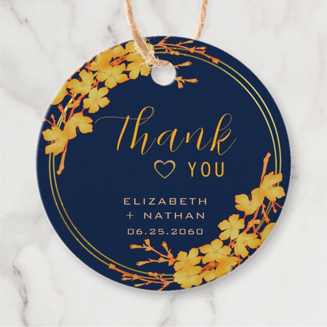 Étiquettes Cadeau Classy Gold Floral Marine Bleu Mariage Merci (Devant)