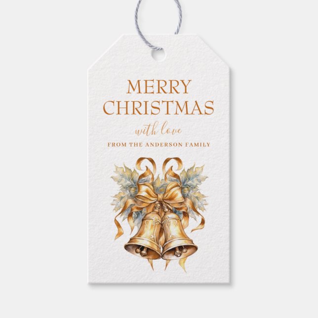 Étiquettes-cadeau Cloches de Noël Or Élégantes Personnalisées (Devant)