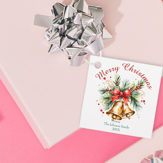 Étiquettes Cadeau Cloches d'or avec Bow rouge Noël (Créateur téléchargé)