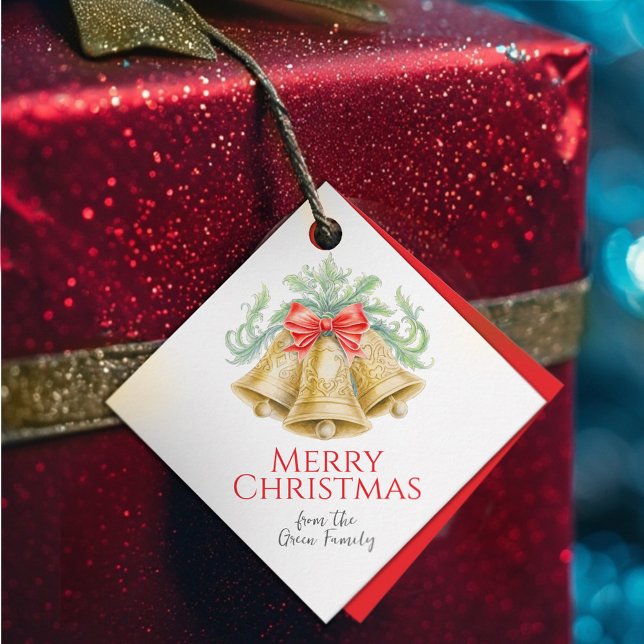 Étiquettes Cadeau Cloches d'or et arc rouge aquarelle Noël (Créateur téléchargé)
