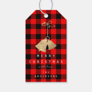 Étiquettes-cadeau Cloches Jingle Sur Gold Plaid Rouge Noir Joyer À