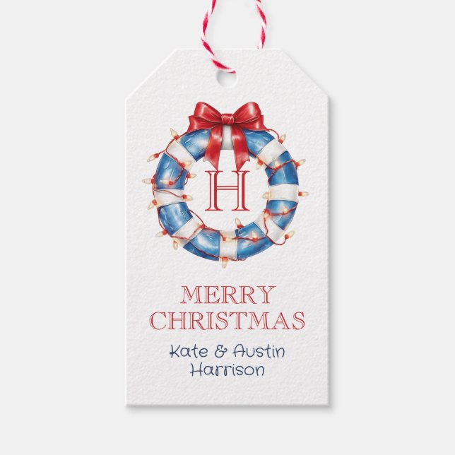 Étiquettes-cadeau Coastal Christmas Monogram Bow Nautical (Devant)