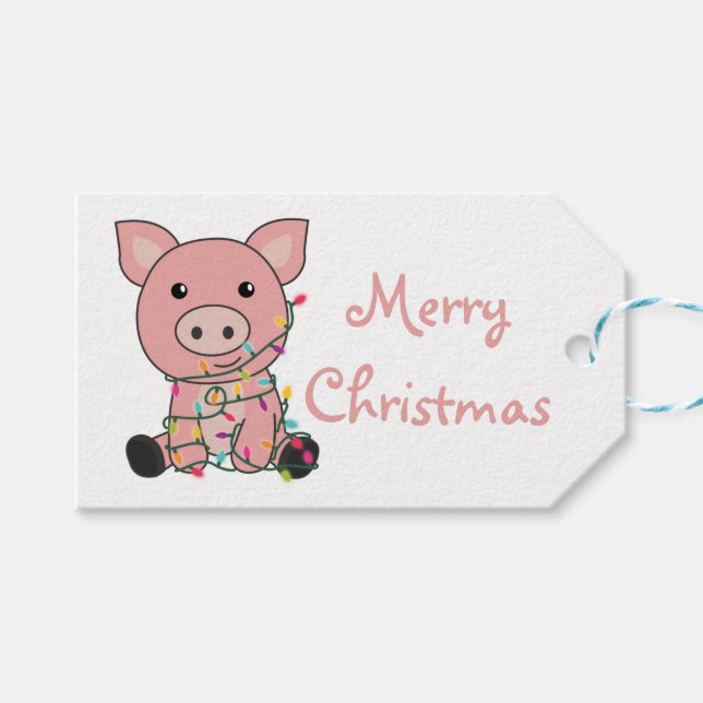 Étiquettes-cadeau Cochon Noël Neige Animaux d'hiver Cochons Chapeau  (Devant (Horizontal))