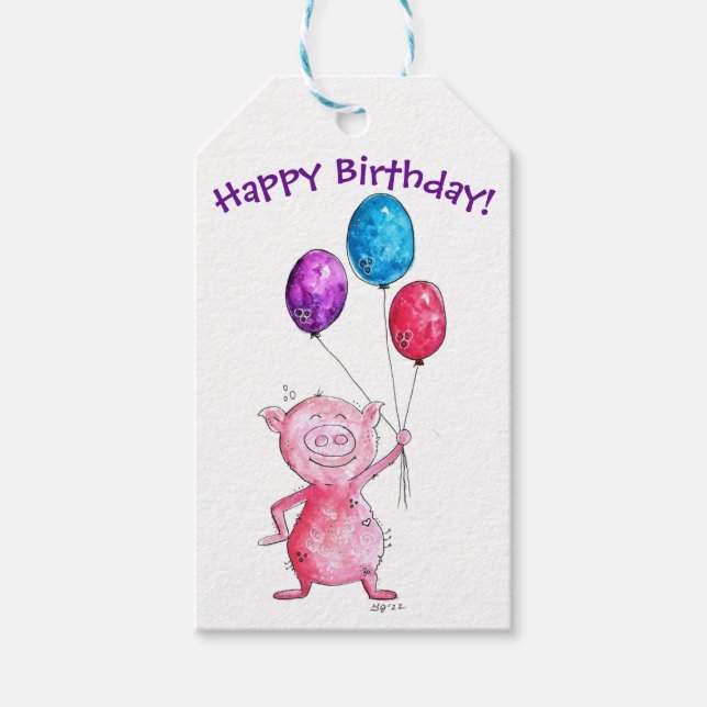 Étiquettes-cadeau Cochon rose géant avec ballons (Devant)
