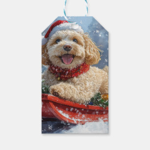 Étiquettes-cadeau Cockapoo Dog in Sledge Let it Neige Christmas