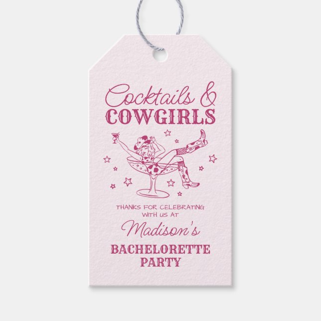 Étiquettes-cadeau Cocktails roses et Cowgirls Rodeo Bachelorette (Devant)