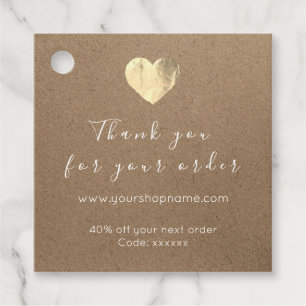 Étiquettes Cadeau Code de remise Logo Gold Heart Kraft Merci