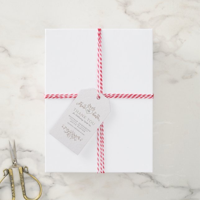 Étiquettes-cadeau Coeur d'art feuille monogramme tan mariage merci (Avec de la ficelle)