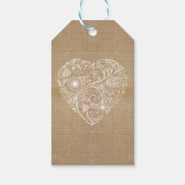 Étiquettes-cadeau Coeur de fleur de burlap de lin (Devant)