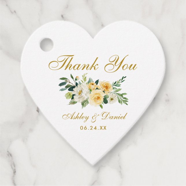 Étiquettes Cadeau Coeur de Merci de Mariage jaune Floral (Devant)