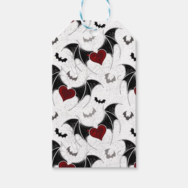 Étiquettes-cadeau Coeur d'Halloween avec ailes de chauve-souris noir (Devant)