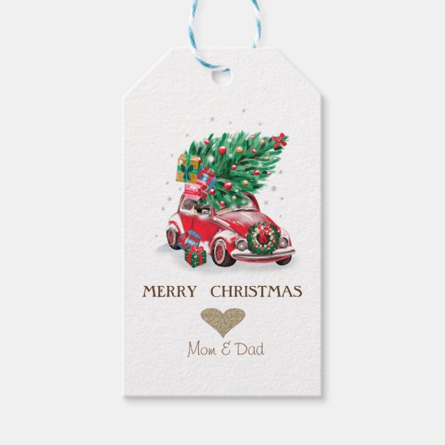 Étiquettes-cadeau Coeur d'or, pin rouge de voiture Noël (Devant)