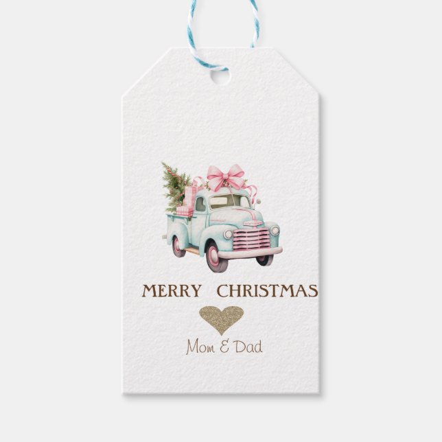 Étiquettes-cadeau Coeur d'or, Pins de Voiture Bleue Noël (Devant)