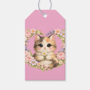 Étiquettes-cadeau Cœur Floral Art Kawaii Chat 