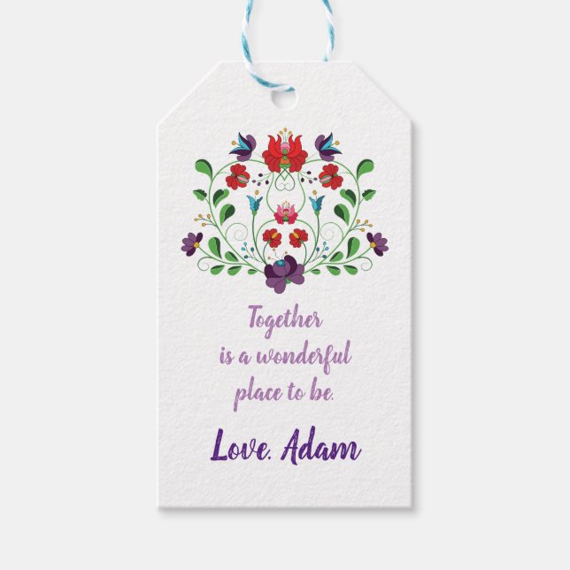 Étiquettes-cadeau Coeur floral avec citation (Devant)